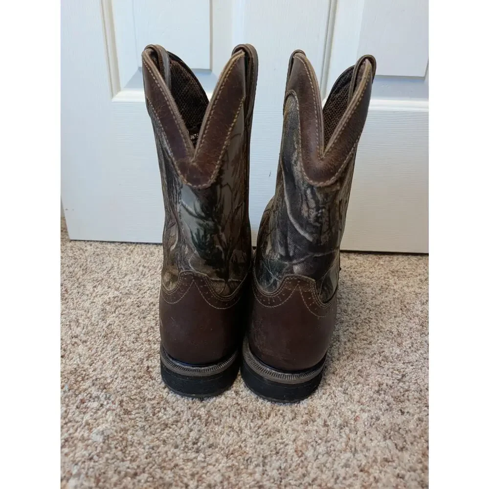 Justin WK4675 Men 11D Brown Leather Camo Waterproof Western Work Boots Pull On